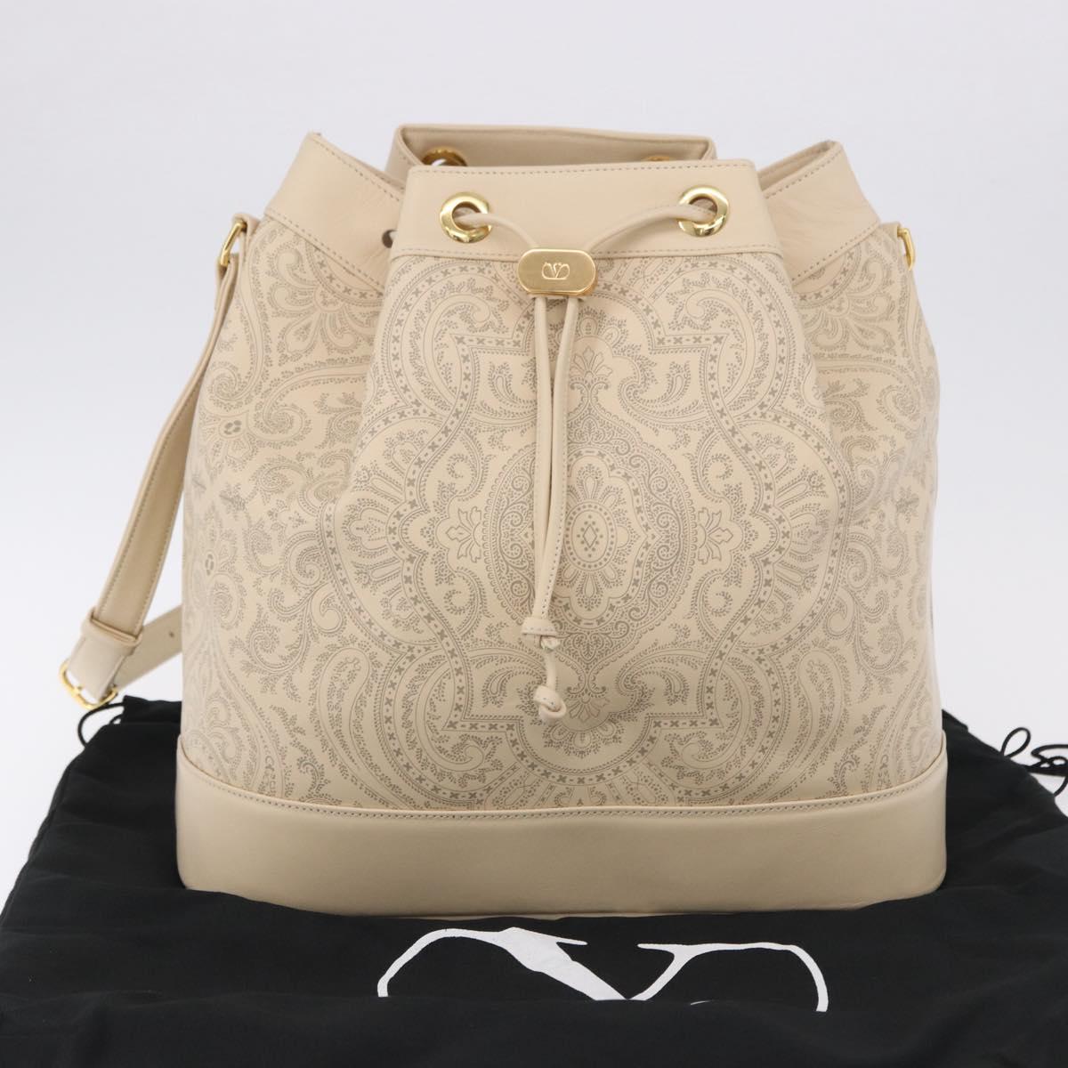 VALENTINO Drawstring Shoulder Bag Leather Ivory Auth BA14162V