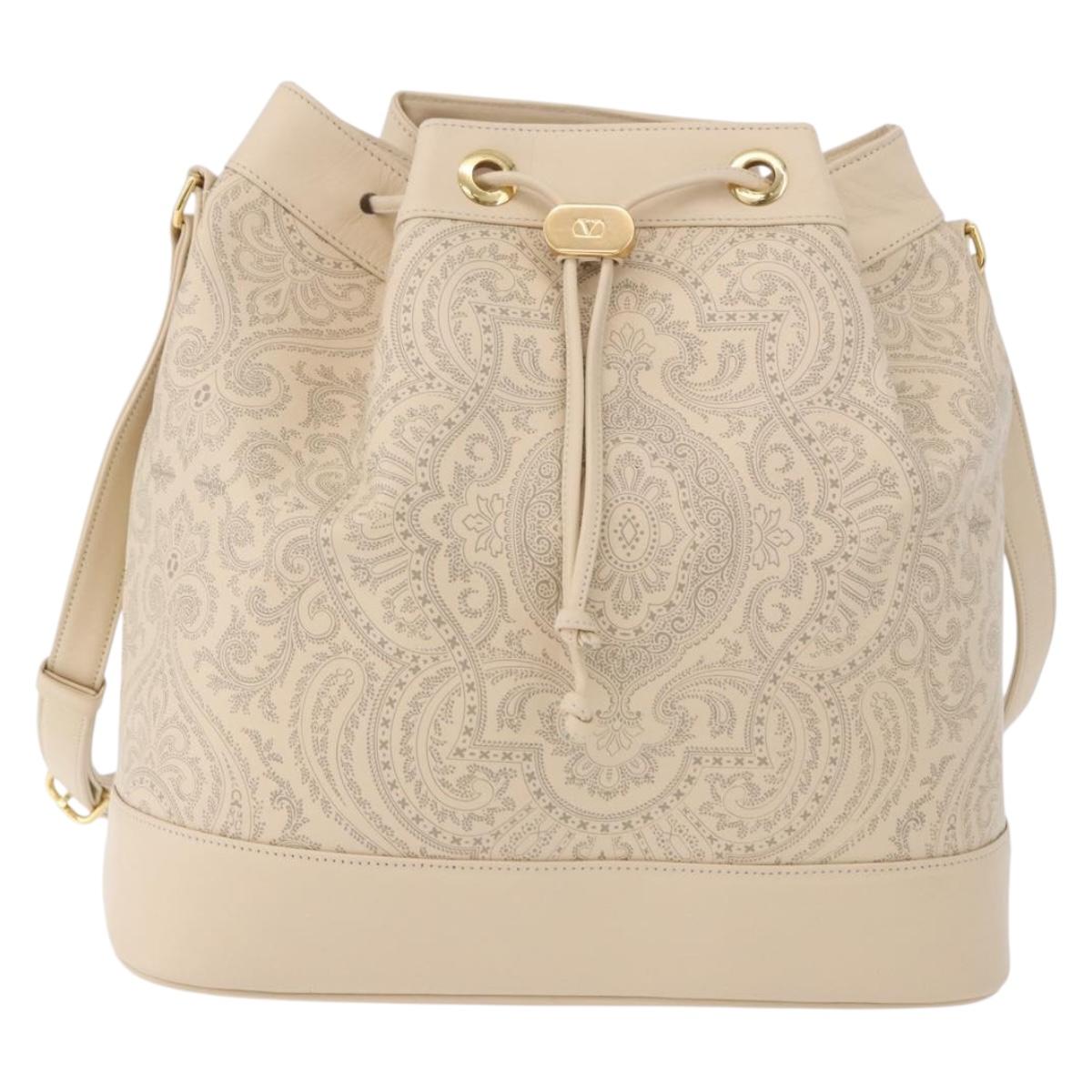 VALENTINO Drawstring Shoulder Bag Leather Ivory Auth BA14162V