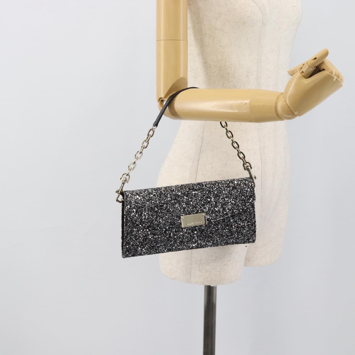 Jimmy Choo Glitter Chain Hand Bag Sequin Black Gold Tone Auth BA14167