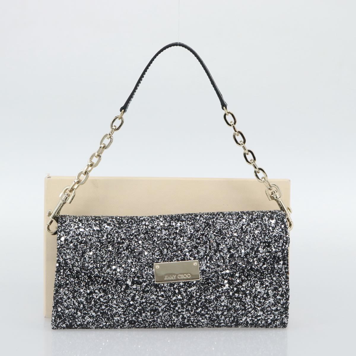 Jimmy Choo Glitter Chain Hand Bag Sequin Black Gold Tone Auth BA14167