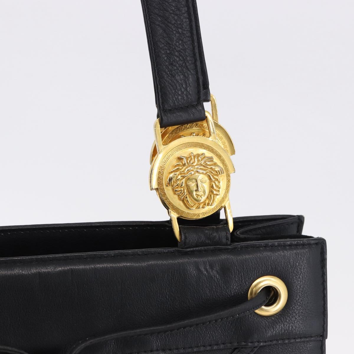 Gianni Versace Tote Bag Leather Black Gold Tone Auth BA14178V