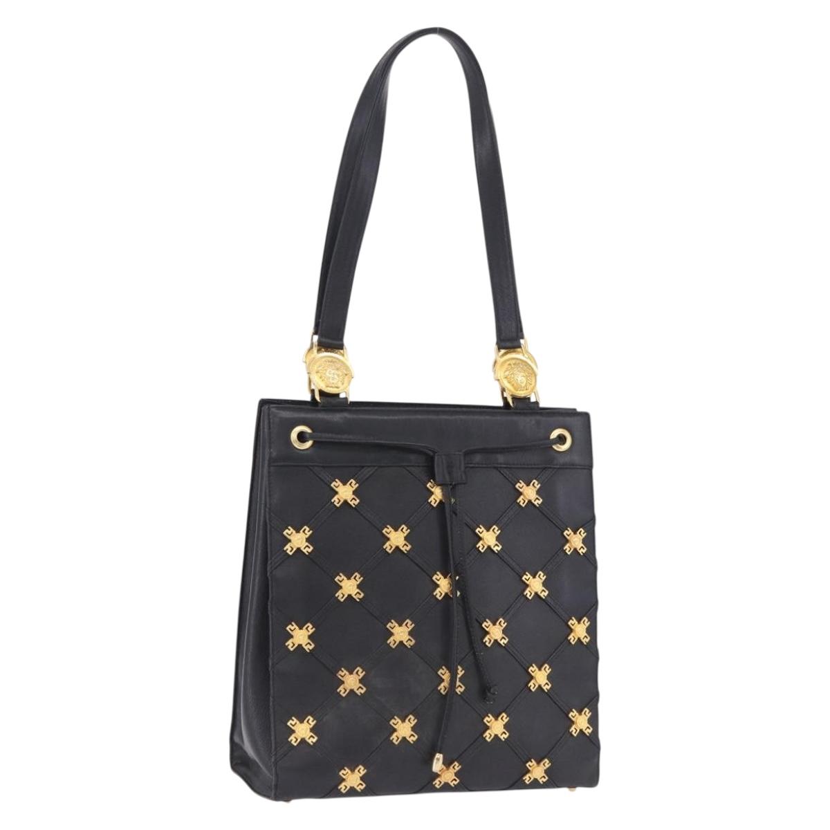Gianni Versace Tote Bag Leather Black Gold Tone Auth BA14178V