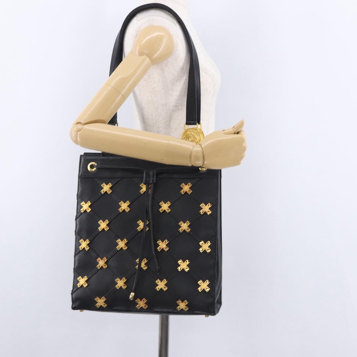 Gianni Versace Tote Bag Leather Black Gold Tone Auth BA14178V
