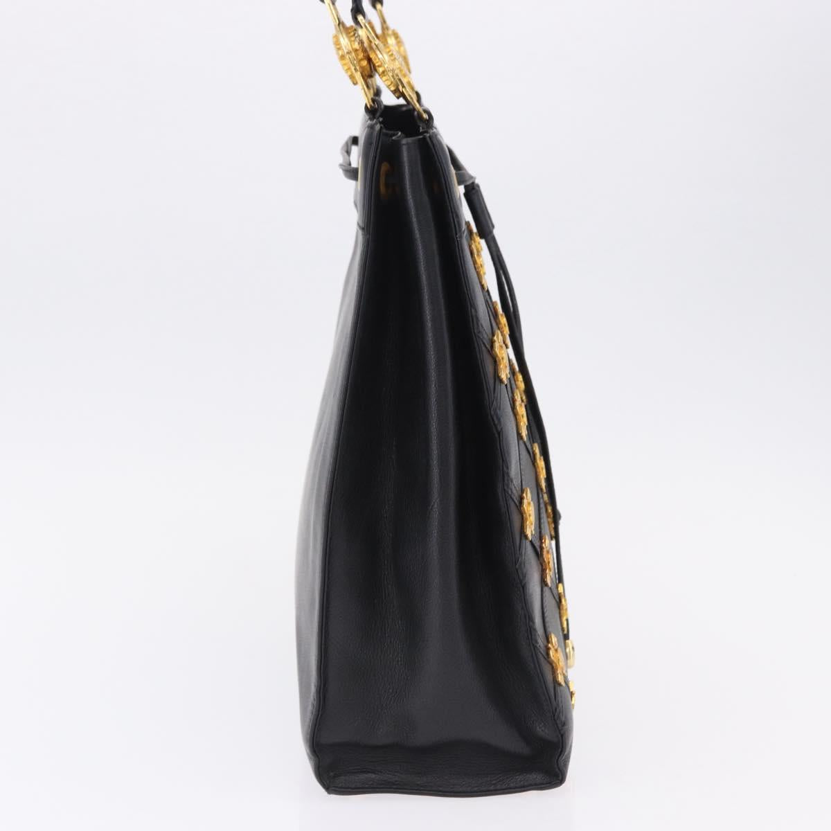 Gianni Versace Tote Bag Leather Black Gold Tone Auth BA14178V