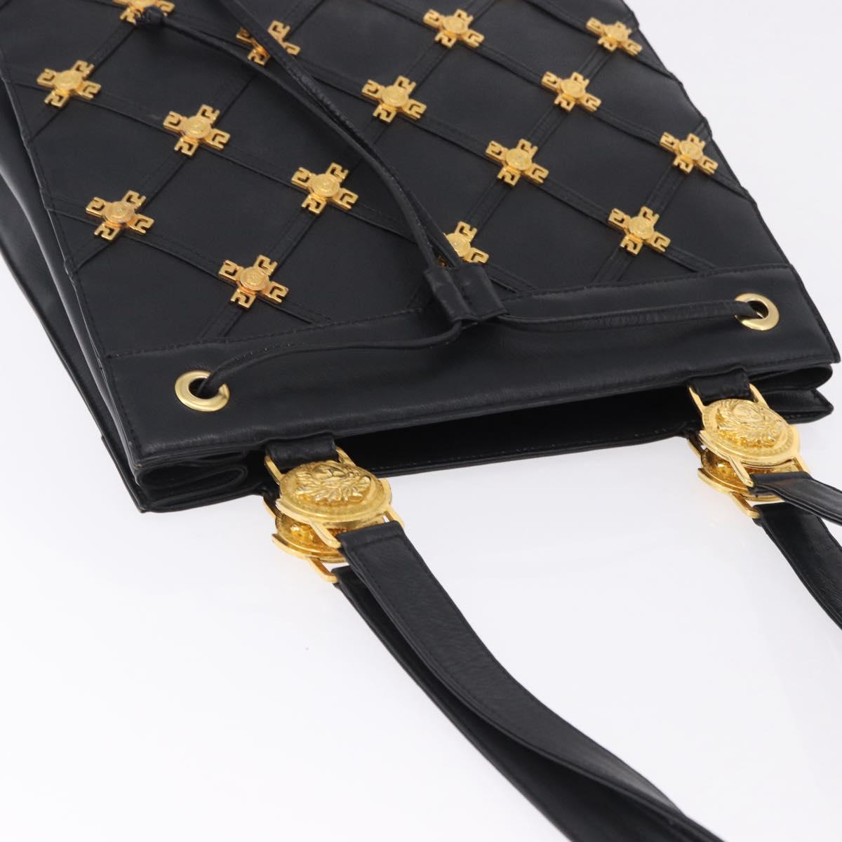 Gianni Versace Tote Bag Leather Black Gold Tone Auth BA14178V