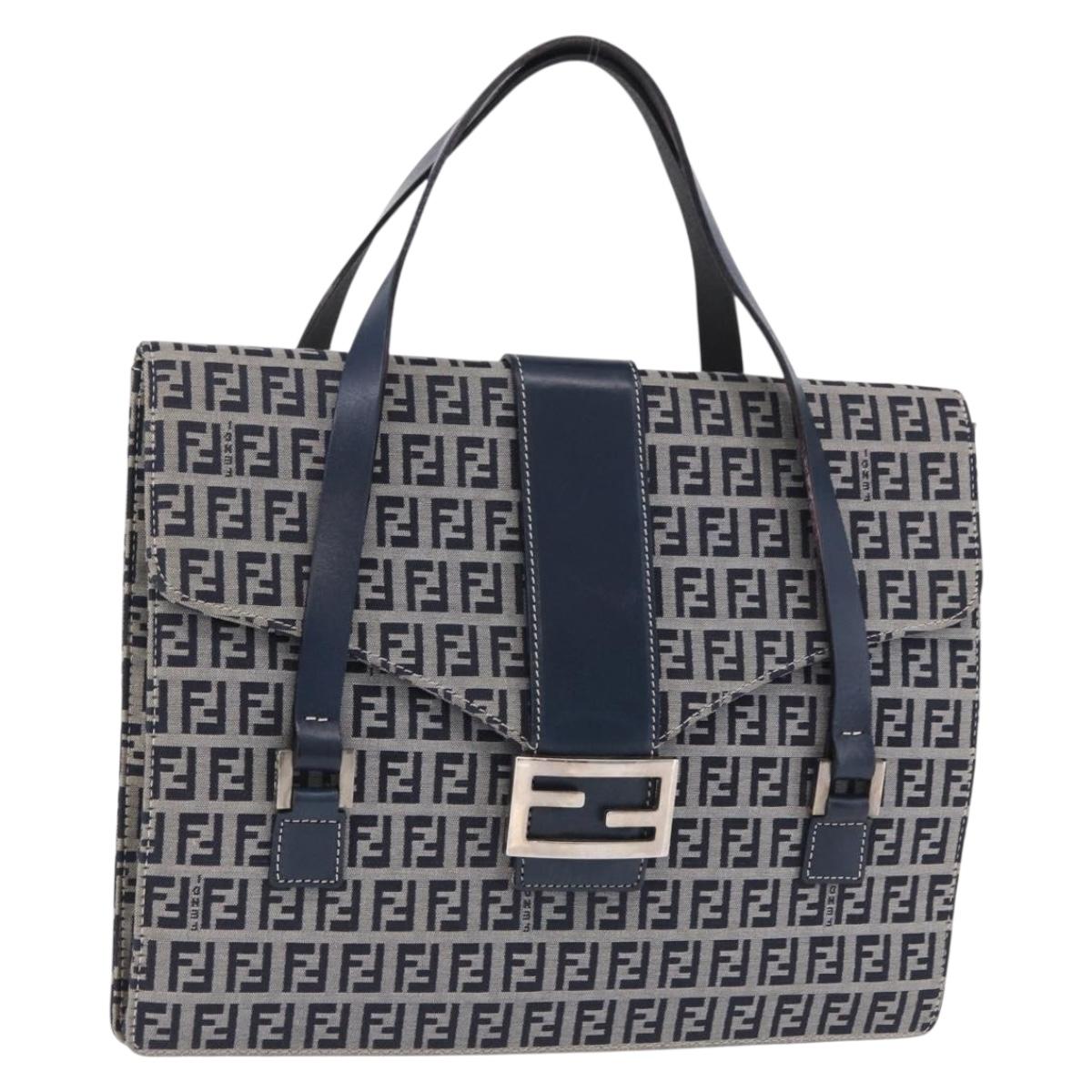 FENDI Zucchino Canvas Mamma Baguette Hand Bag Navy Silver Auth BA14179A