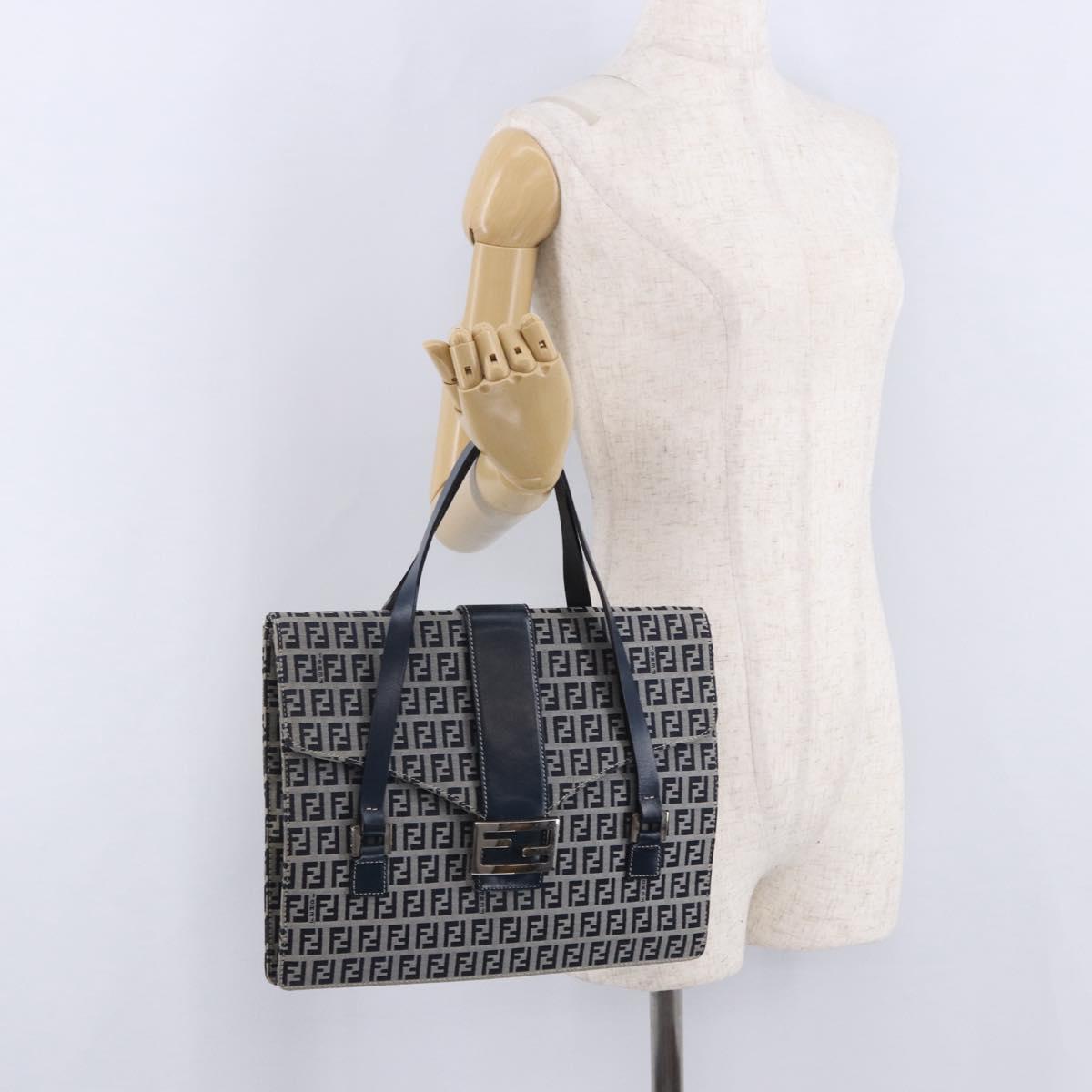 FENDI Zucchino Canvas Mamma Baguette Hand Bag Navy Silver Auth BA14179A