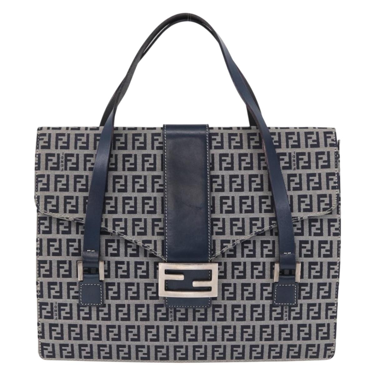 FENDI Zucchino Canvas Mamma Baguette Hand Bag Navy Silver Auth BA14179A