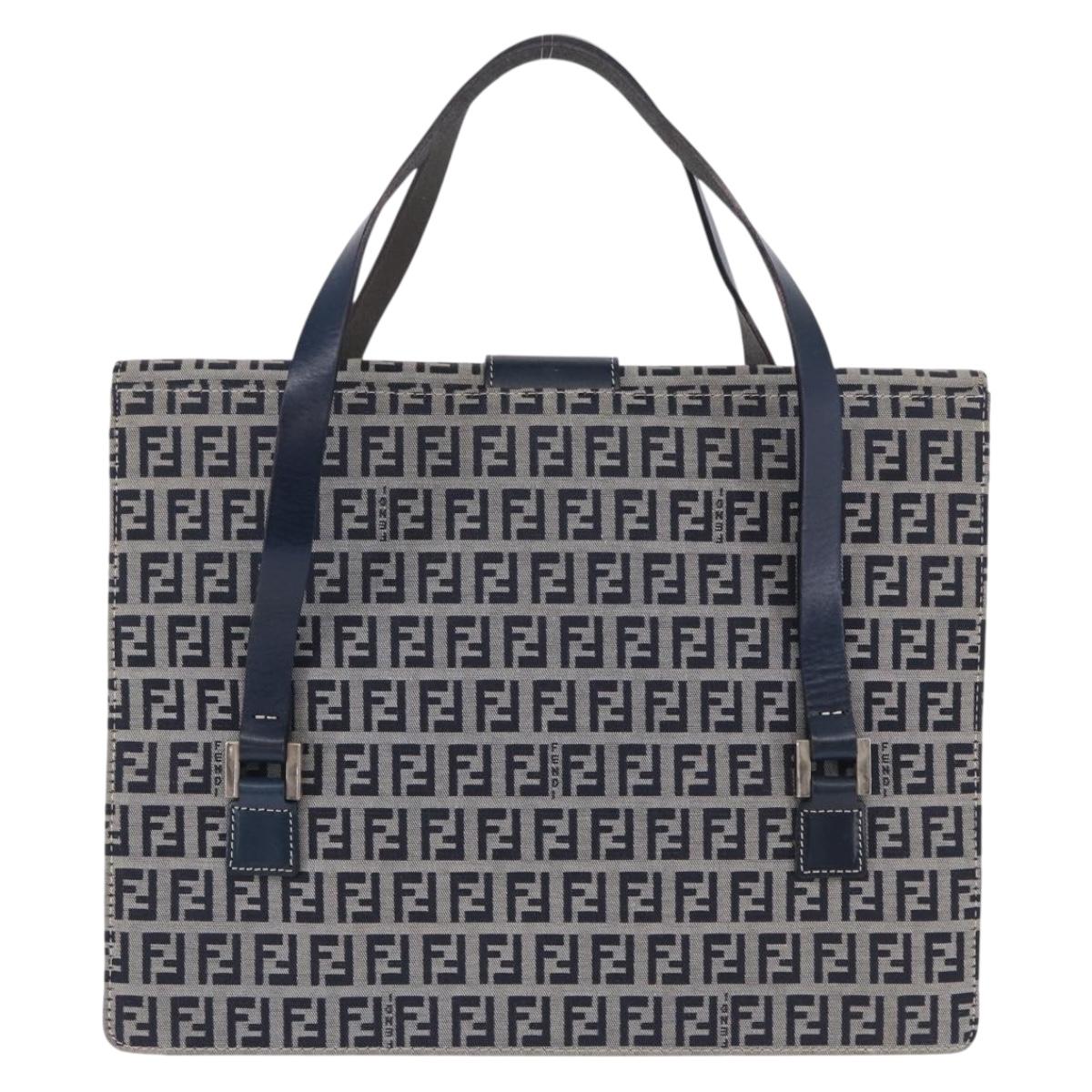 FENDI Zucchino Canvas Mamma Baguette Hand Bag Navy Silver Auth BA14179A