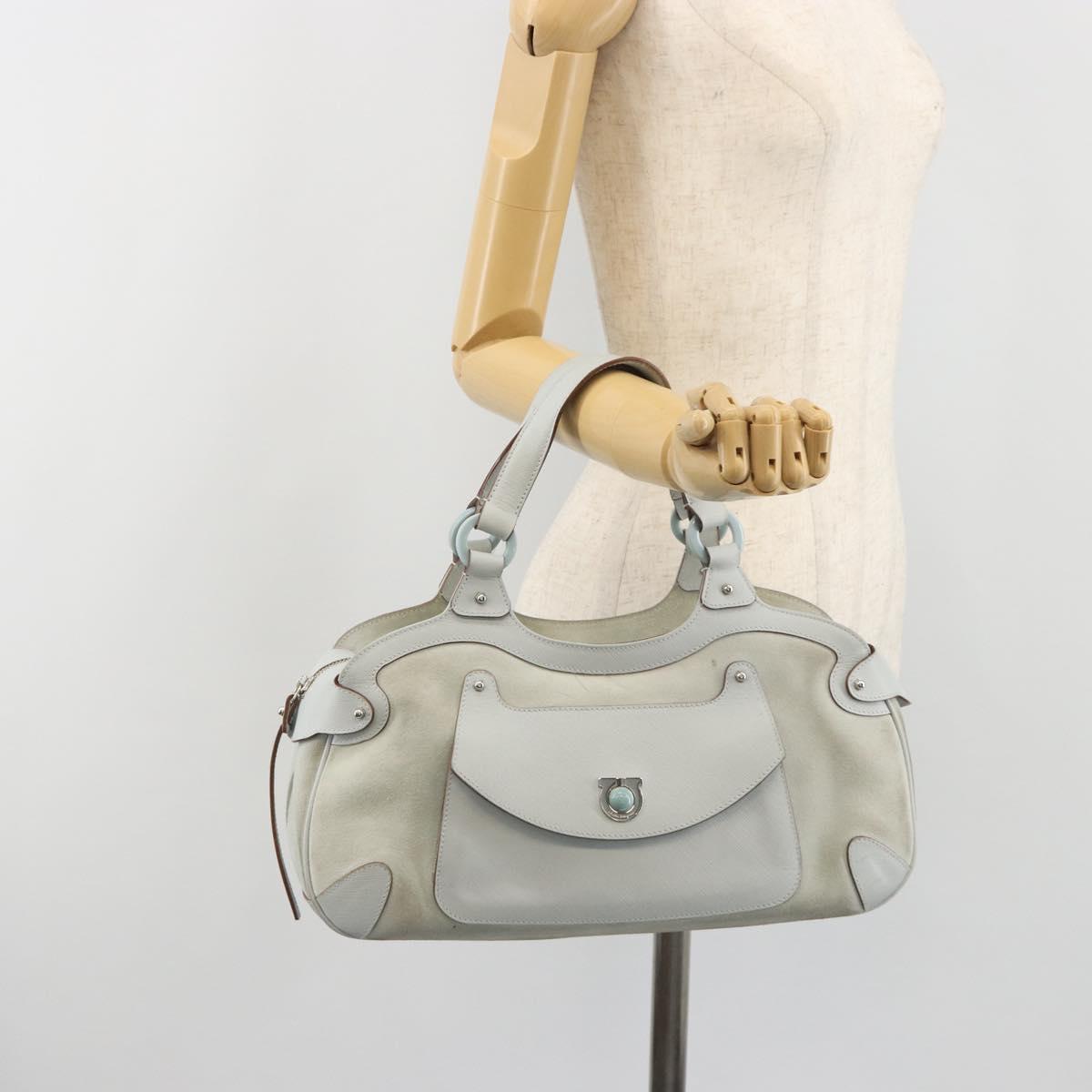 Salvatore Ferragamo Gancini Hand Bag Suede Light Blue Silver Auth BA14181