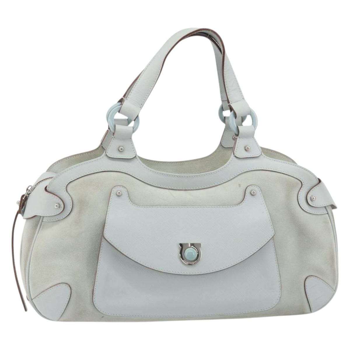 Salvatore Ferragamo Gancini Hand Bag Suede Light Blue Silver Auth BA14181
