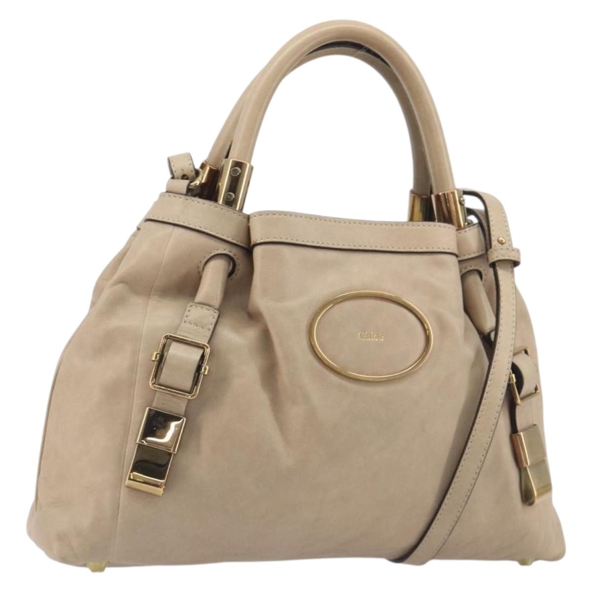 Chloe Victoria Hand Bag Leather 2way Beige Gold Auth BA14185A