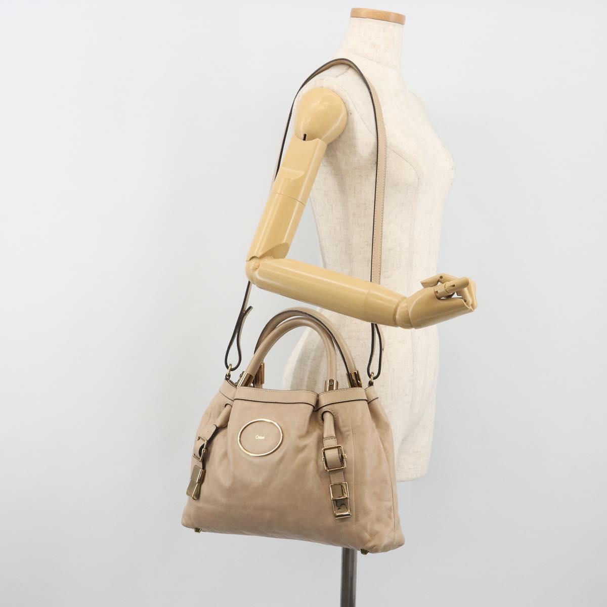 Chloe Victoria Hand Bag Leather 2way Beige Gold Auth BA14185A