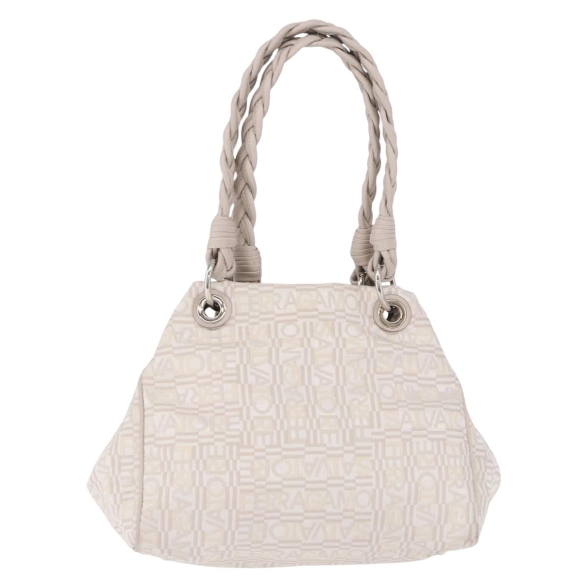Salvatore Ferragamo Hand Bag Jacquard Ivory Silver Auth BA14190A