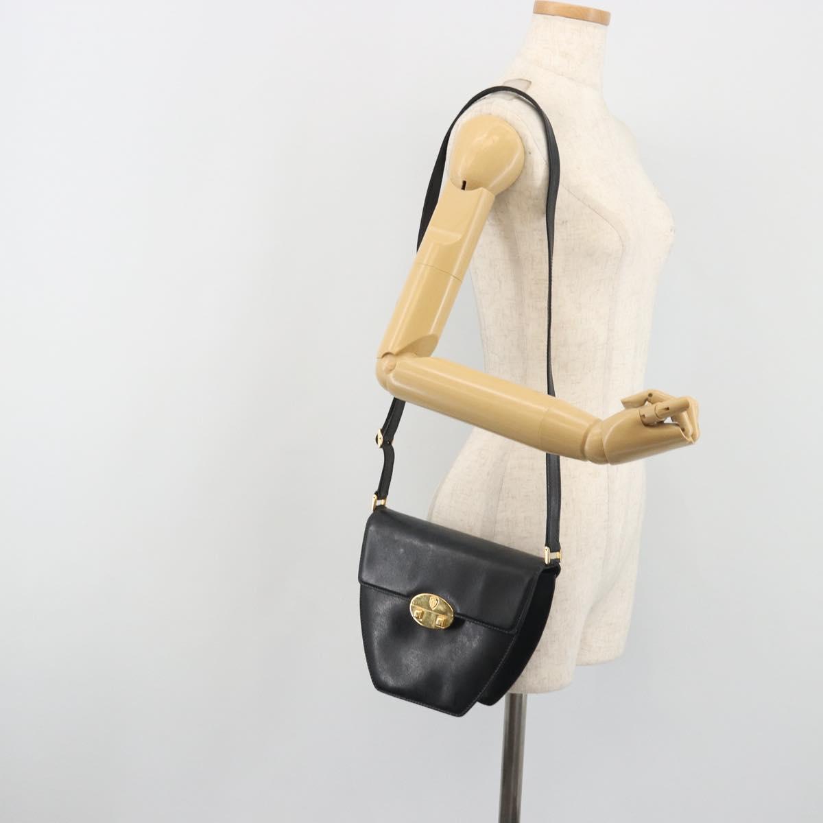 GUCCI Shoulder Bag Leather Black Gold Auth BA14193