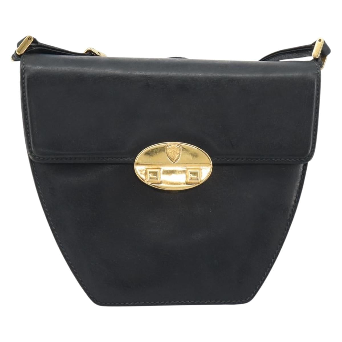 GUCCI Shoulder Bag Leather Black Gold Auth BA14193