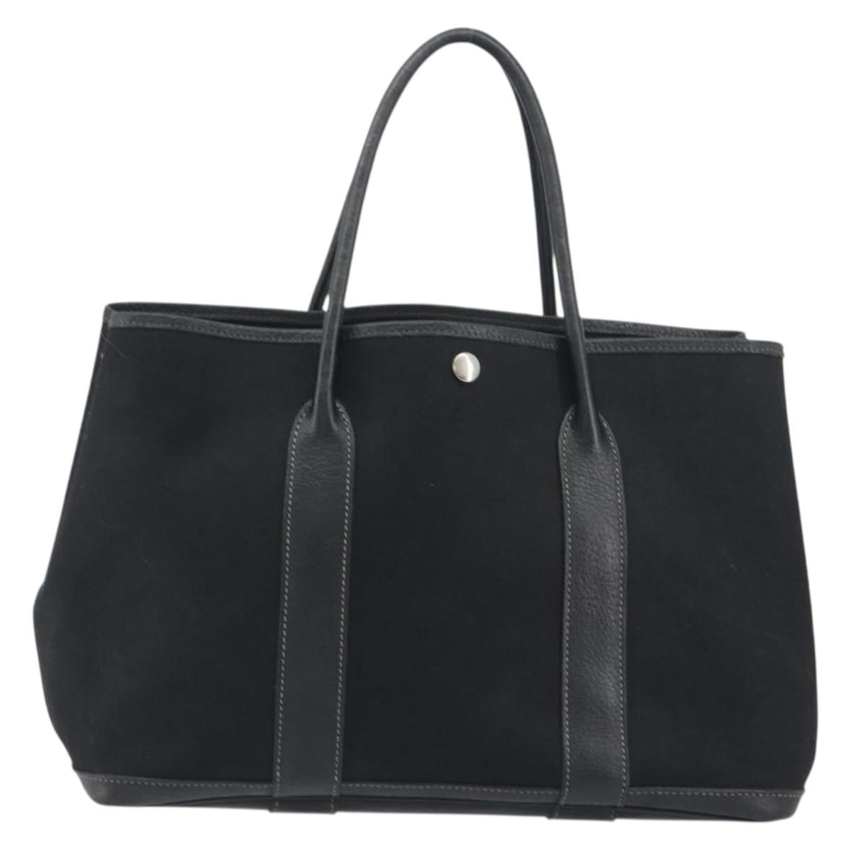 HERMES Garden Party PM Hand Bag Canvas Black Silver Auth BA14200