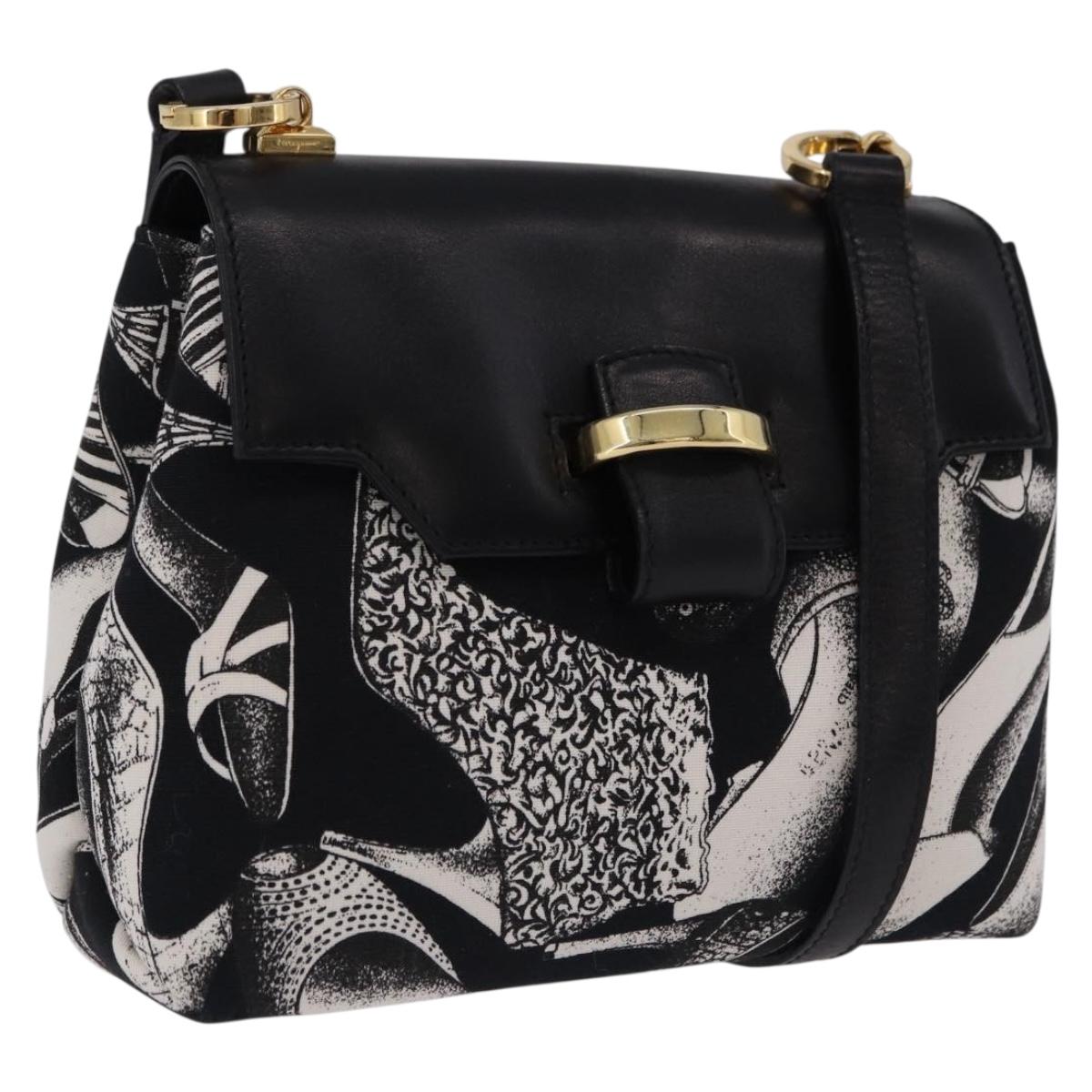 Salvatore Ferragamo Shoulder Bag Canvas Black Gold Auth BA14201A