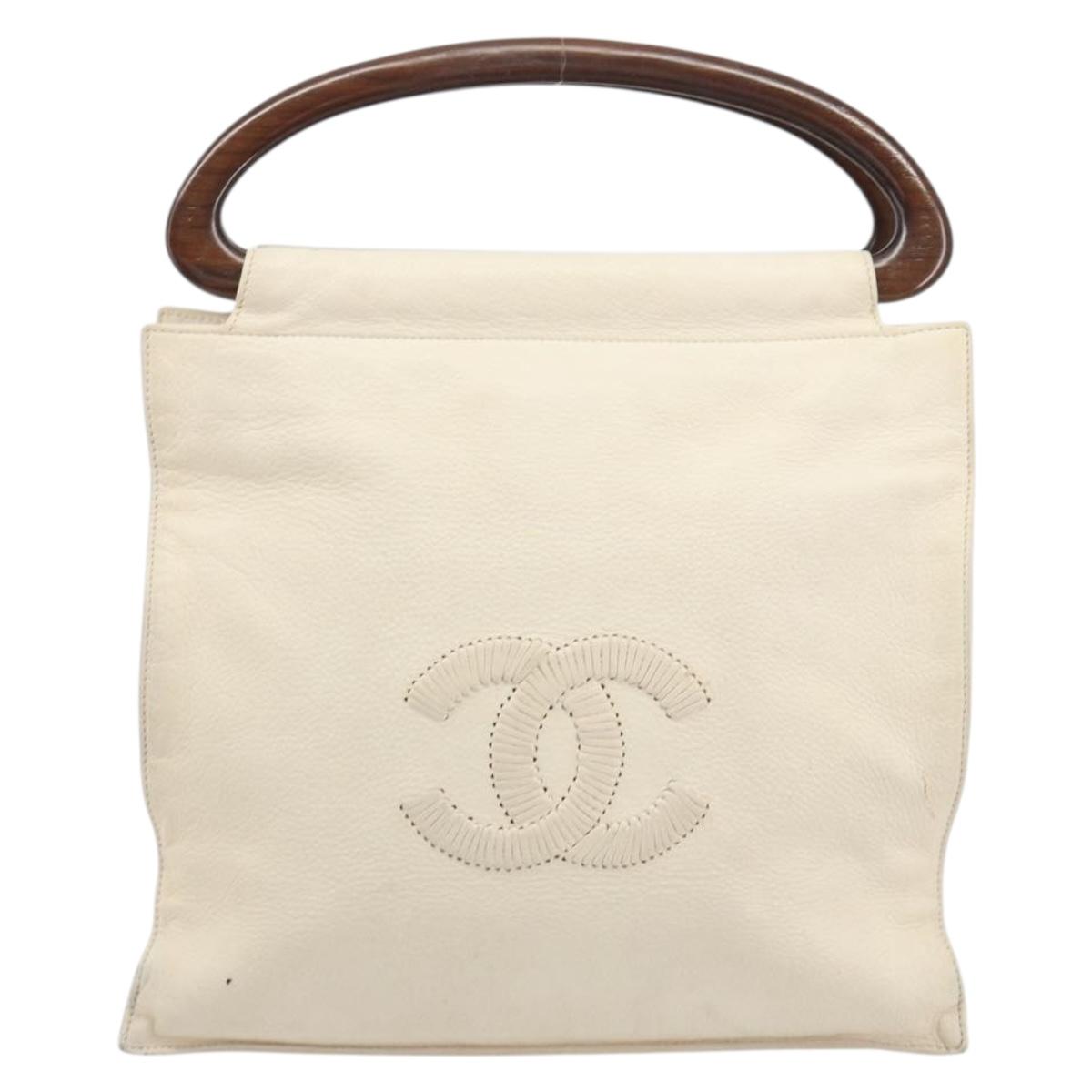 CHANEL Hand Bag Leather White Gold CC Auth BA14202A
