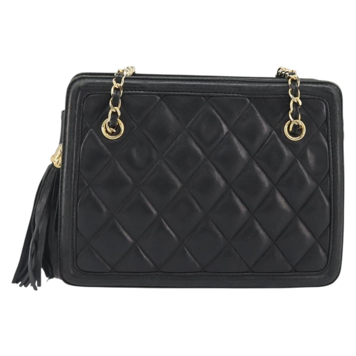 CHANEL Matelasse Chain Shoulder Bag Lamb Skin Black Gold CC Auth BA14203A