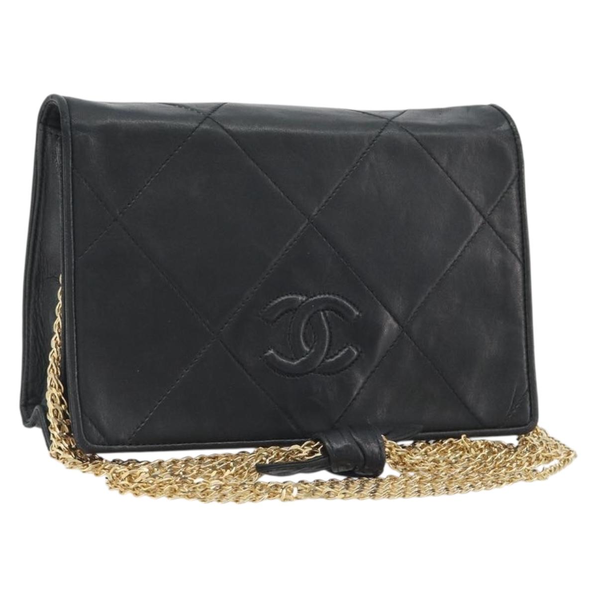 CHANEL Matelasse Chain Shoulder Bag Lamb Skin Black Gold CC Auth BA14205A