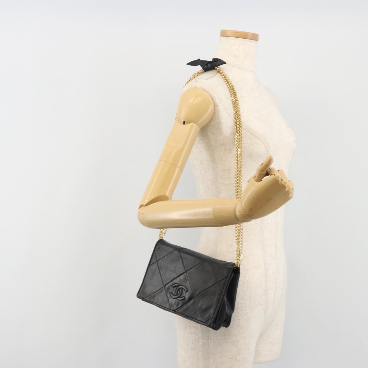 CHANEL Matelasse Chain Shoulder Bag Lamb Skin Black Gold CC Auth BA14205A