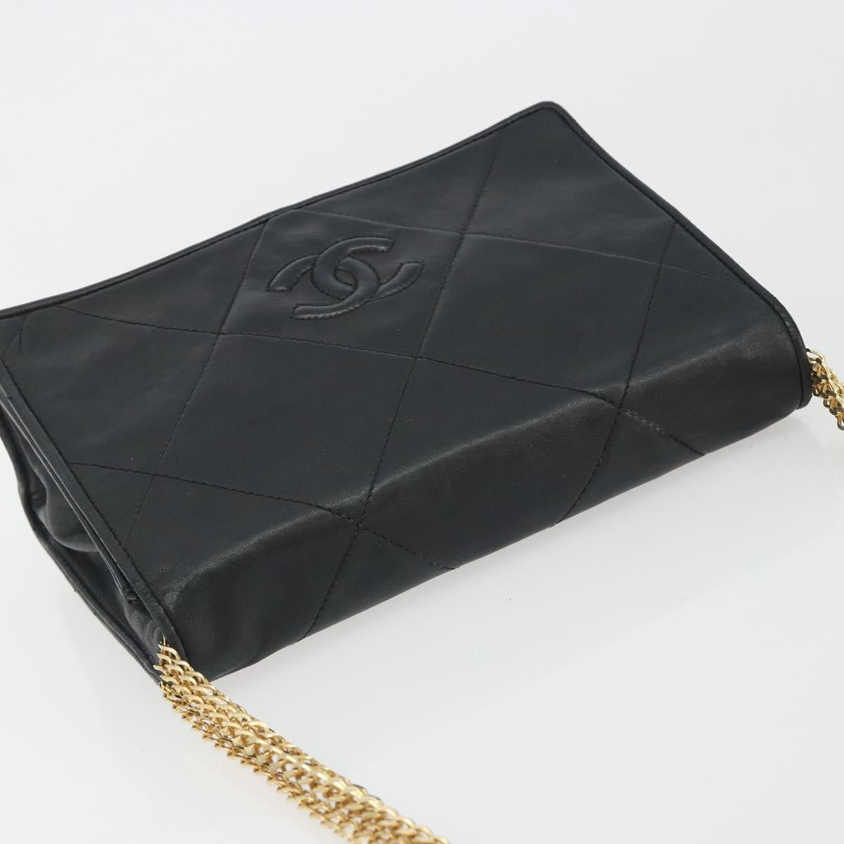 CHANEL Matelasse Chain Shoulder Bag Lamb Skin Black Gold CC Auth BA14205A