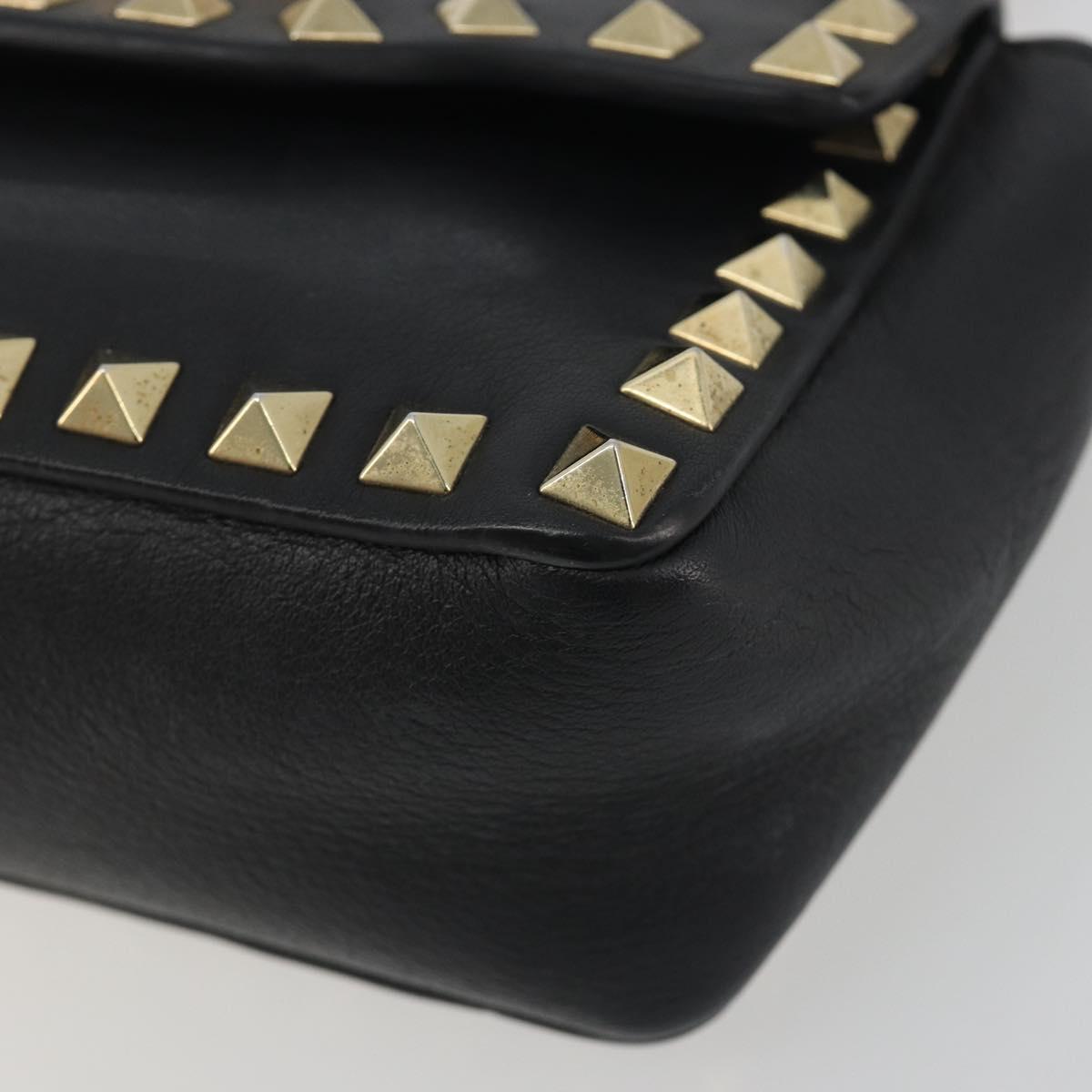 VALENTINO Studs Chain Shoulder Bag Leather Black Gold Auth BA14207A