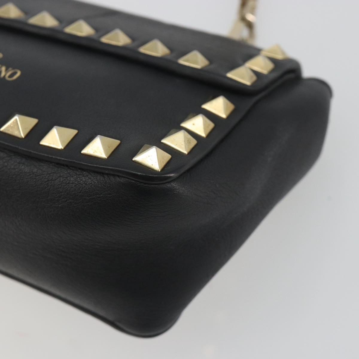 VALENTINO Studs Chain Shoulder Bag Leather Black Gold Auth BA14207A