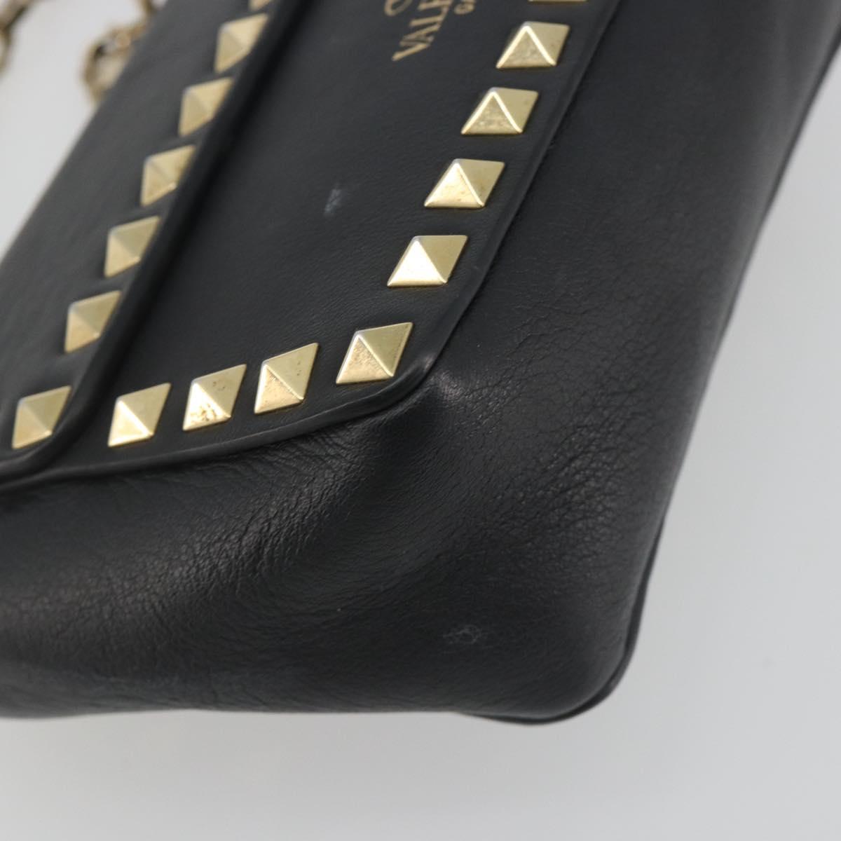 VALENTINO Studs Chain Shoulder Bag Leather Black Gold Auth BA14207A