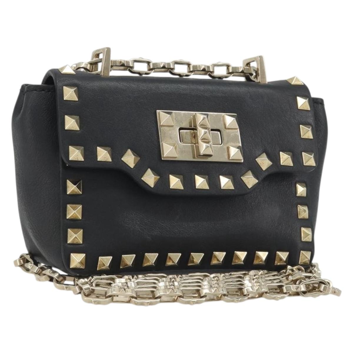 VALENTINO Studs Chain Shoulder Bag Leather Black Gold Auth BA14207A