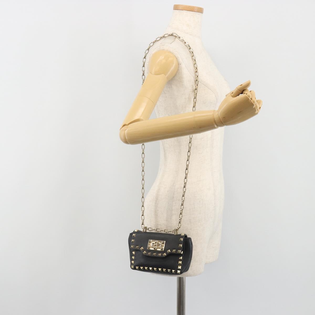 VALENTINO Studs Chain Shoulder Bag Leather Black Gold Auth BA14207A