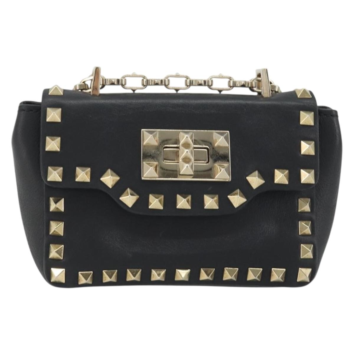 VALENTINO Studs Chain Shoulder Bag Leather Black Gold Auth BA14207A