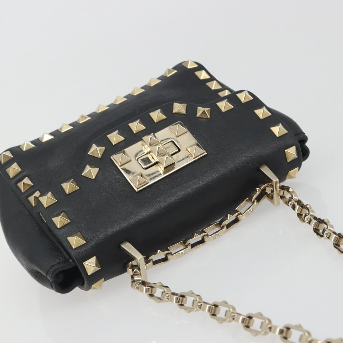 VALENTINO Studs Chain Shoulder Bag Leather Black Gold Auth BA14207A