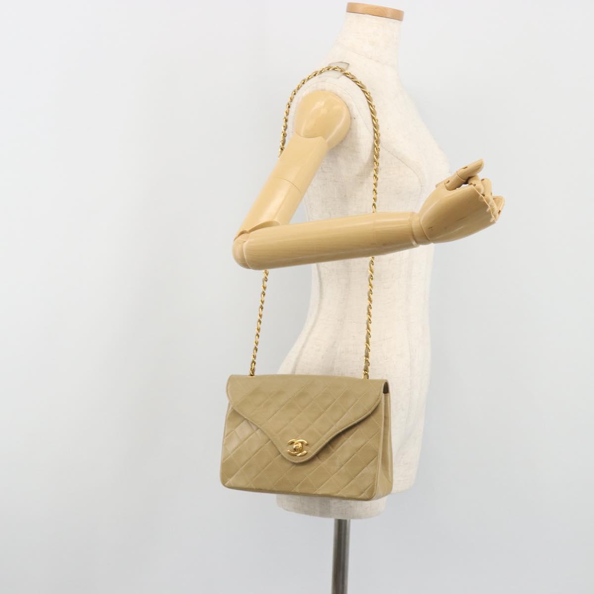 CHANEL Matelasse Chain Shoulder Bag Lamb Skin Beige Gold CC Auth BA14209A