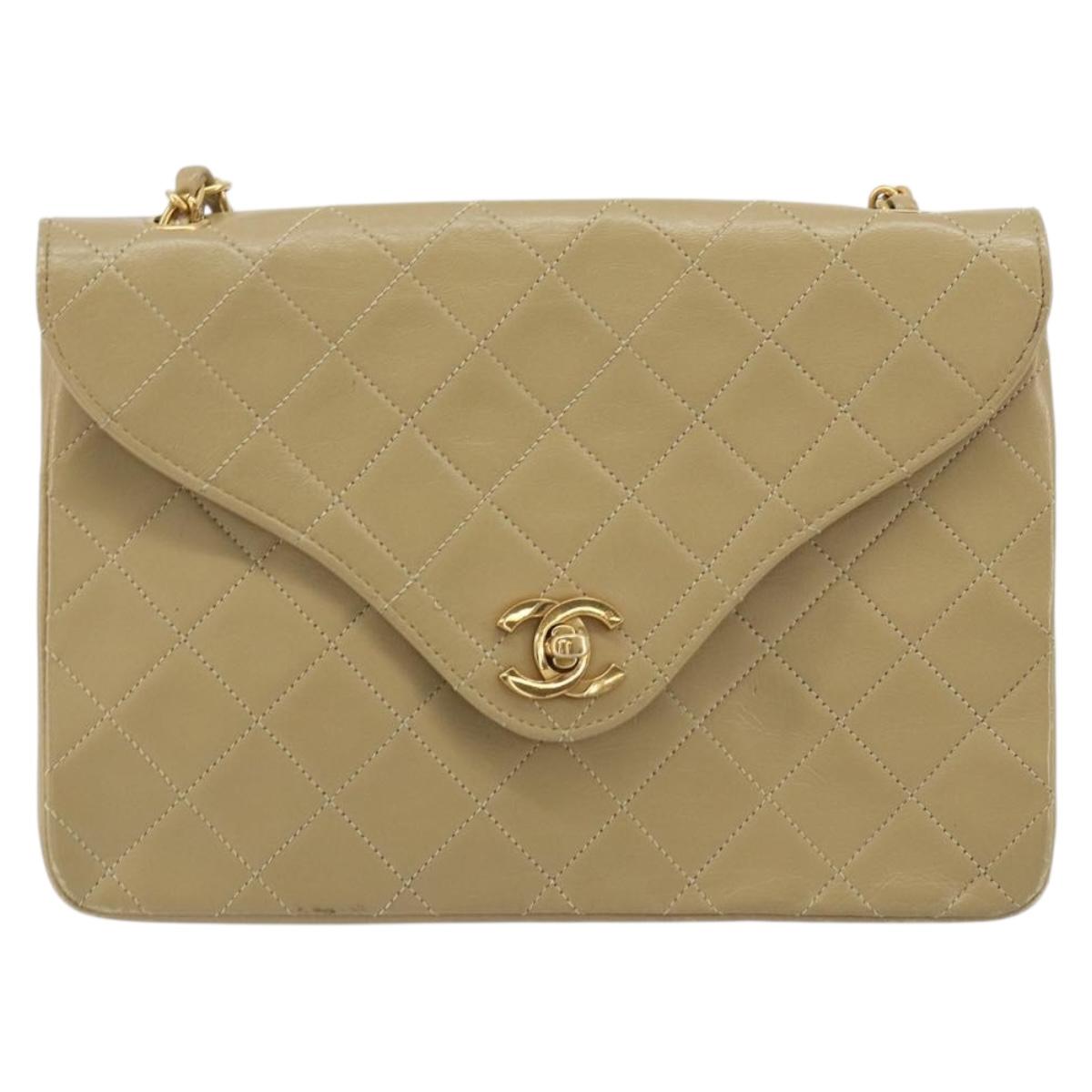 CHANEL Matelasse Chain Shoulder Bag Lamb Skin Beige Gold CC Auth BA14209A