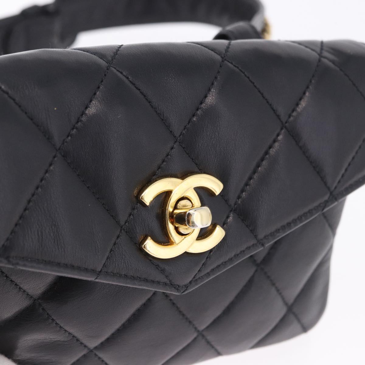 CHANEL Matelasse Waist Bag Lamb Skin Black Gold CC Auth BA14210