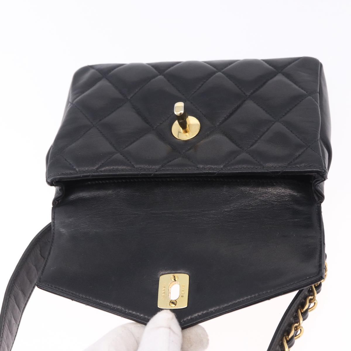CHANEL Matelasse Waist Bag Lamb Skin Black Gold CC Auth BA14210