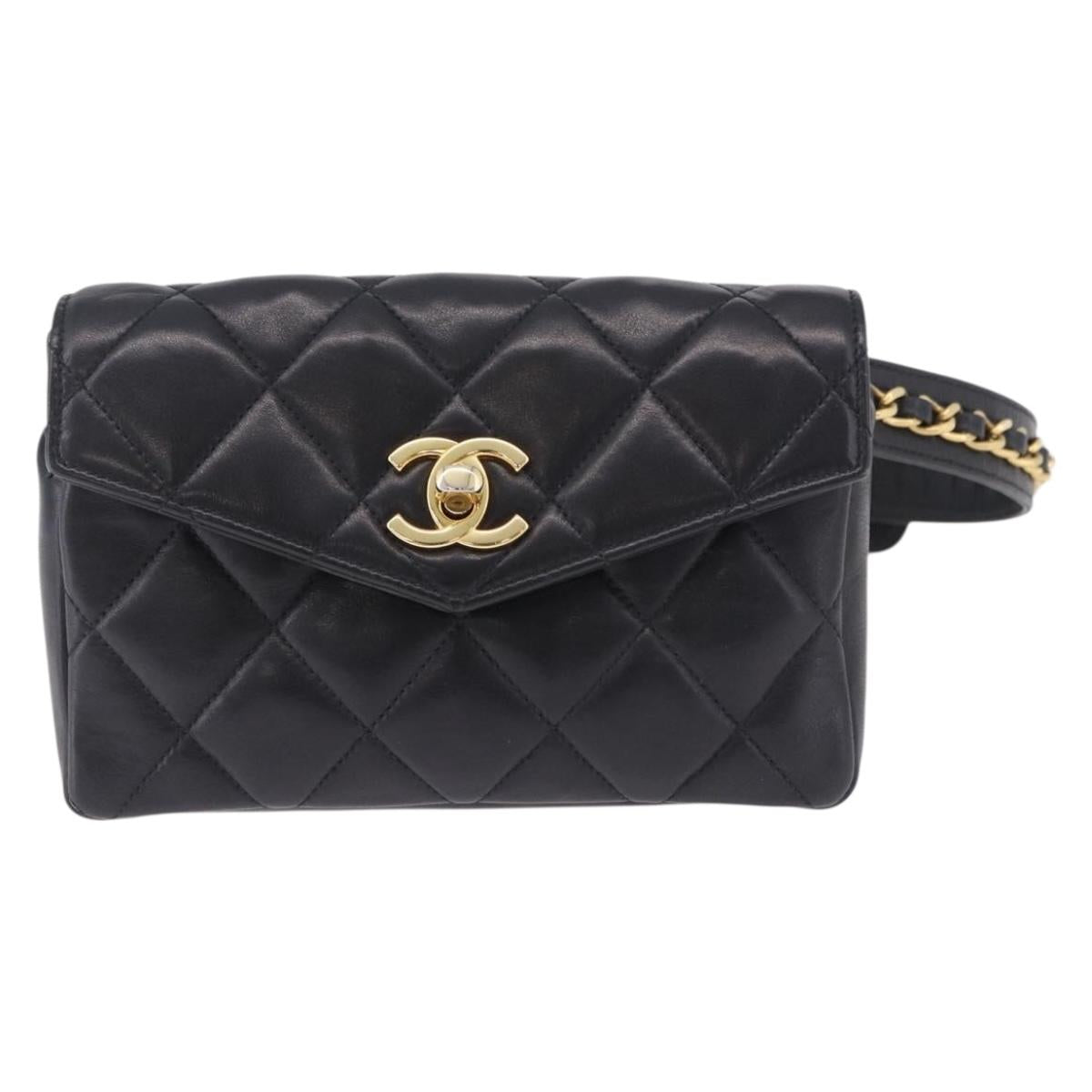 CHANEL Matelasse Waist Bag Lamb Skin Black Gold CC Auth BA14210