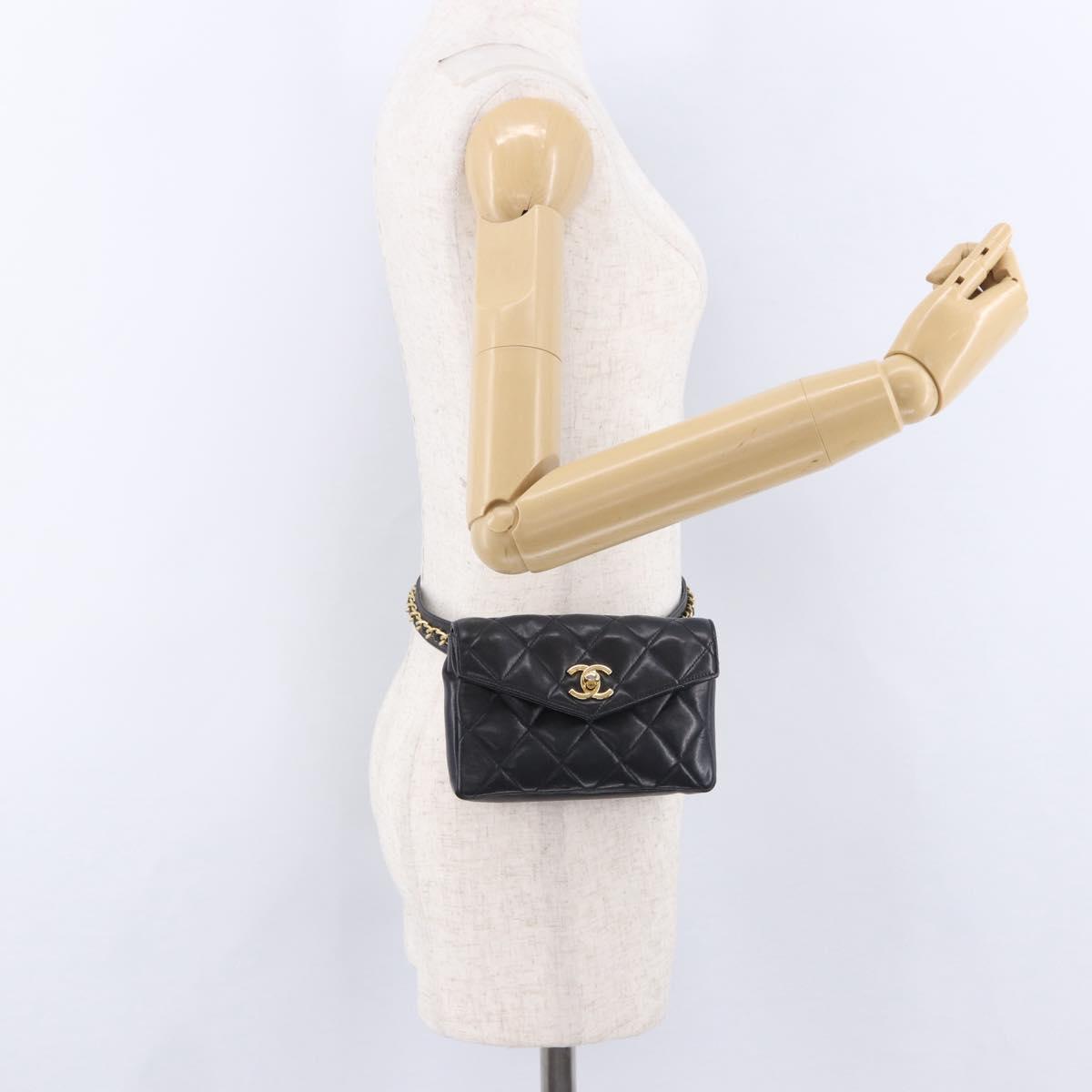 CHANEL Matelasse Waist Bag Lamb Skin Black Gold CC Auth BA14210