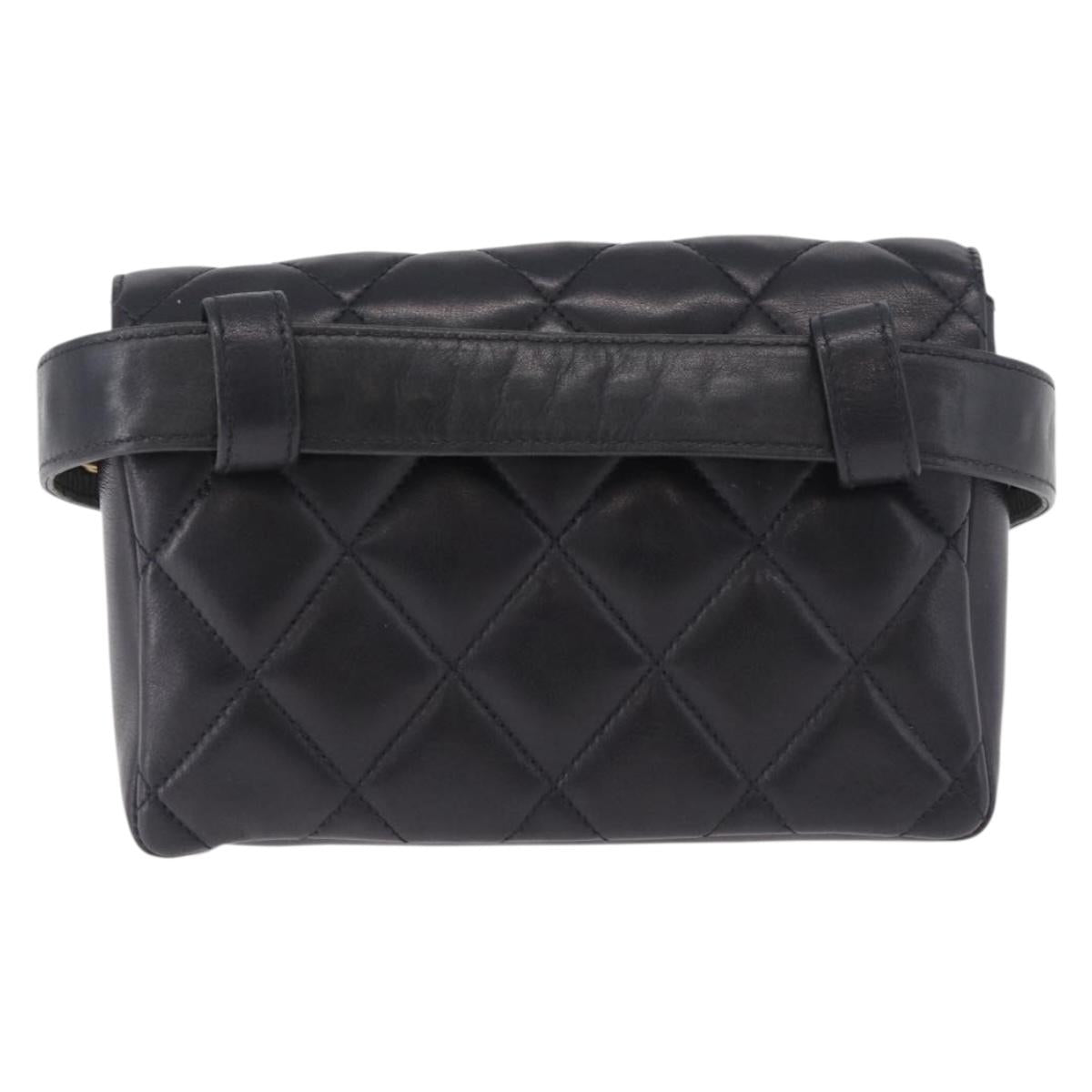CHANEL Matelasse Waist Bag Lamb Skin Black Gold CC Auth BA14210