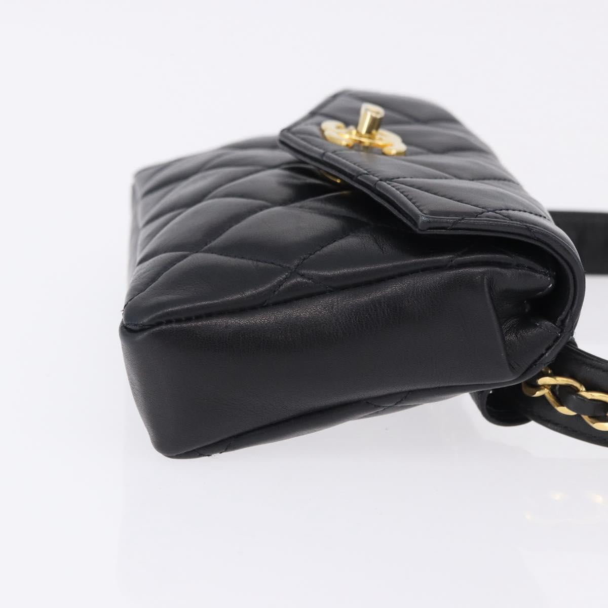 CHANEL Matelasse Waist Bag Lamb Skin Black Gold CC Auth BA14210