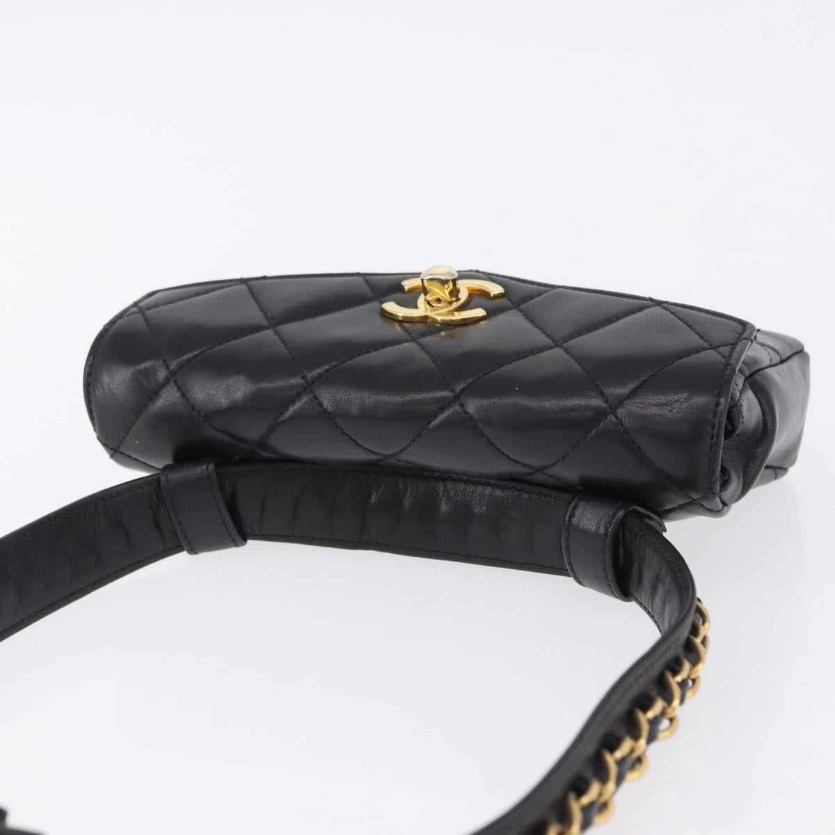 CHANEL Matelasse Waist Bag Lamb Skin Black Gold CC Auth BA14210