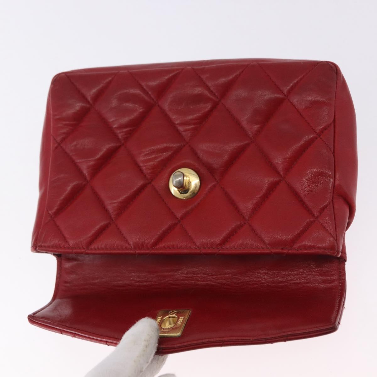 CHANEL Matelasse Waist Bag Lamb Skin Red Gold CC Auth BA14212