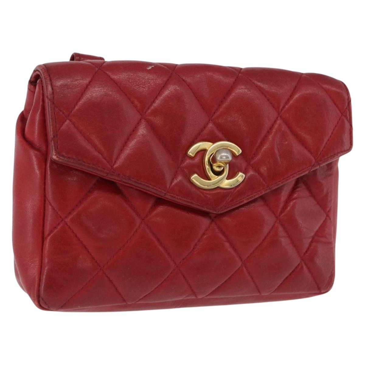 CHANEL Matelasse Waist Bag Lamb Skin Red Gold CC Auth BA14212