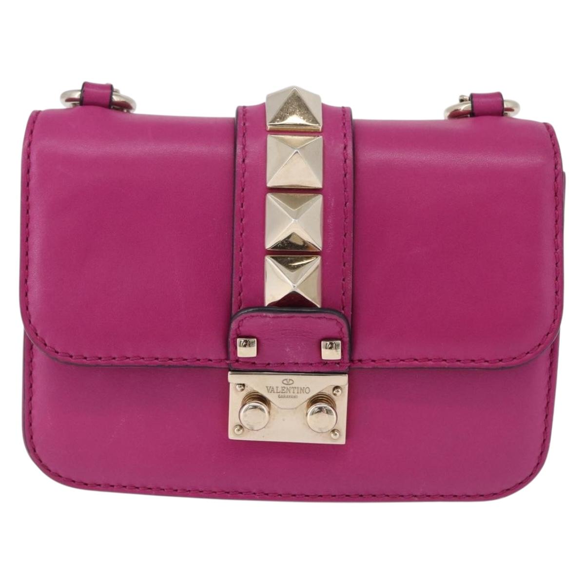VALENTINO Studs Chain Shoulder Bag Leather Pink Gold Auth BA14213A