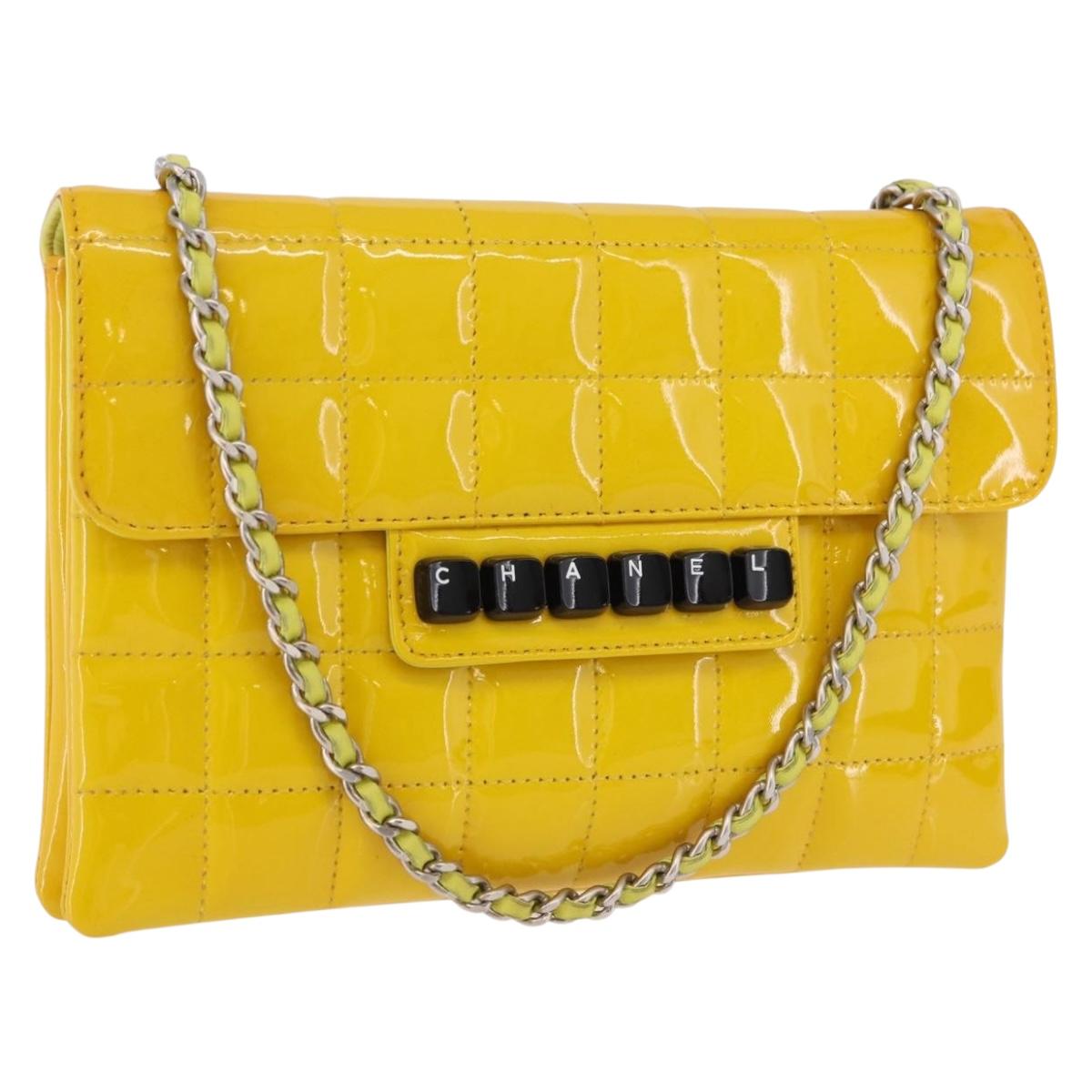 CHANEL Choco Bar line Chain Bag Patent Leather Yellow Silver CC Auth BA14214V