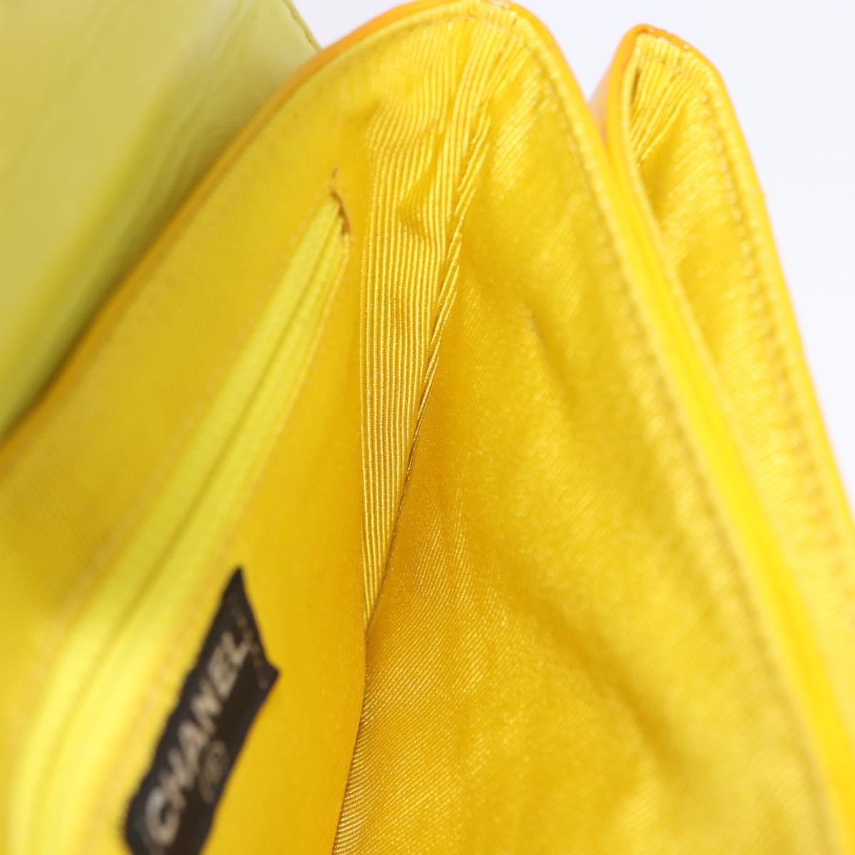 CHANEL Choco Bar line Chain Bag Patent Leather Yellow Silver CC Auth BA14214V