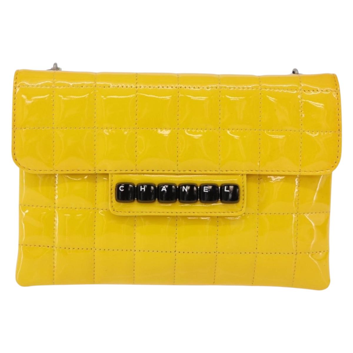 CHANEL Choco Bar line Chain Bag Patent Leather Yellow Silver CC Auth BA14214V