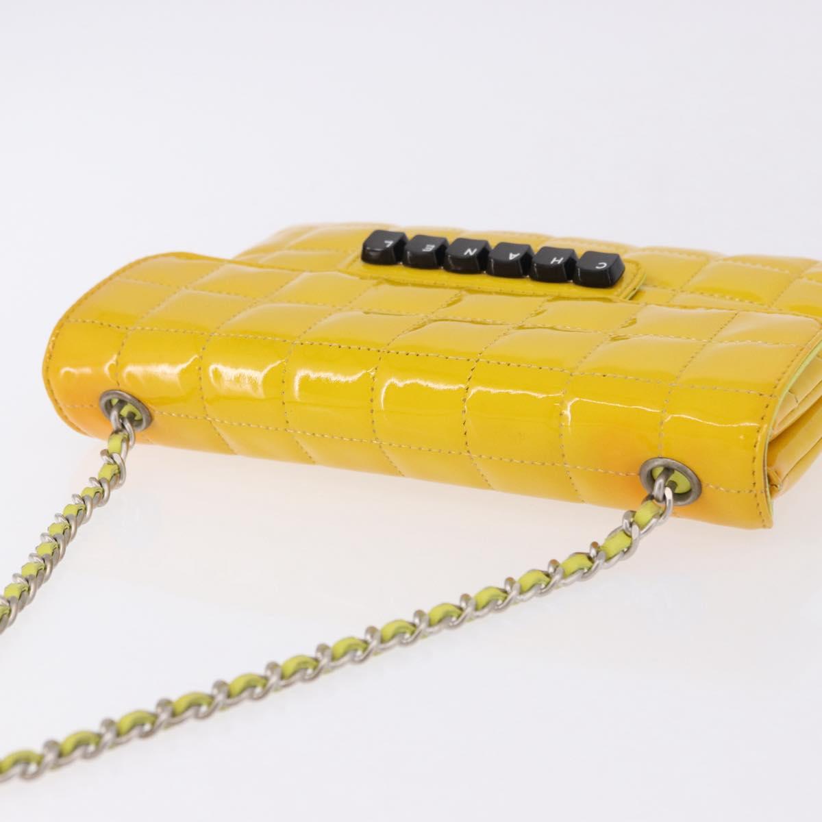CHANEL Choco Bar line Chain Bag Patent Leather Yellow Silver CC Auth BA14214V